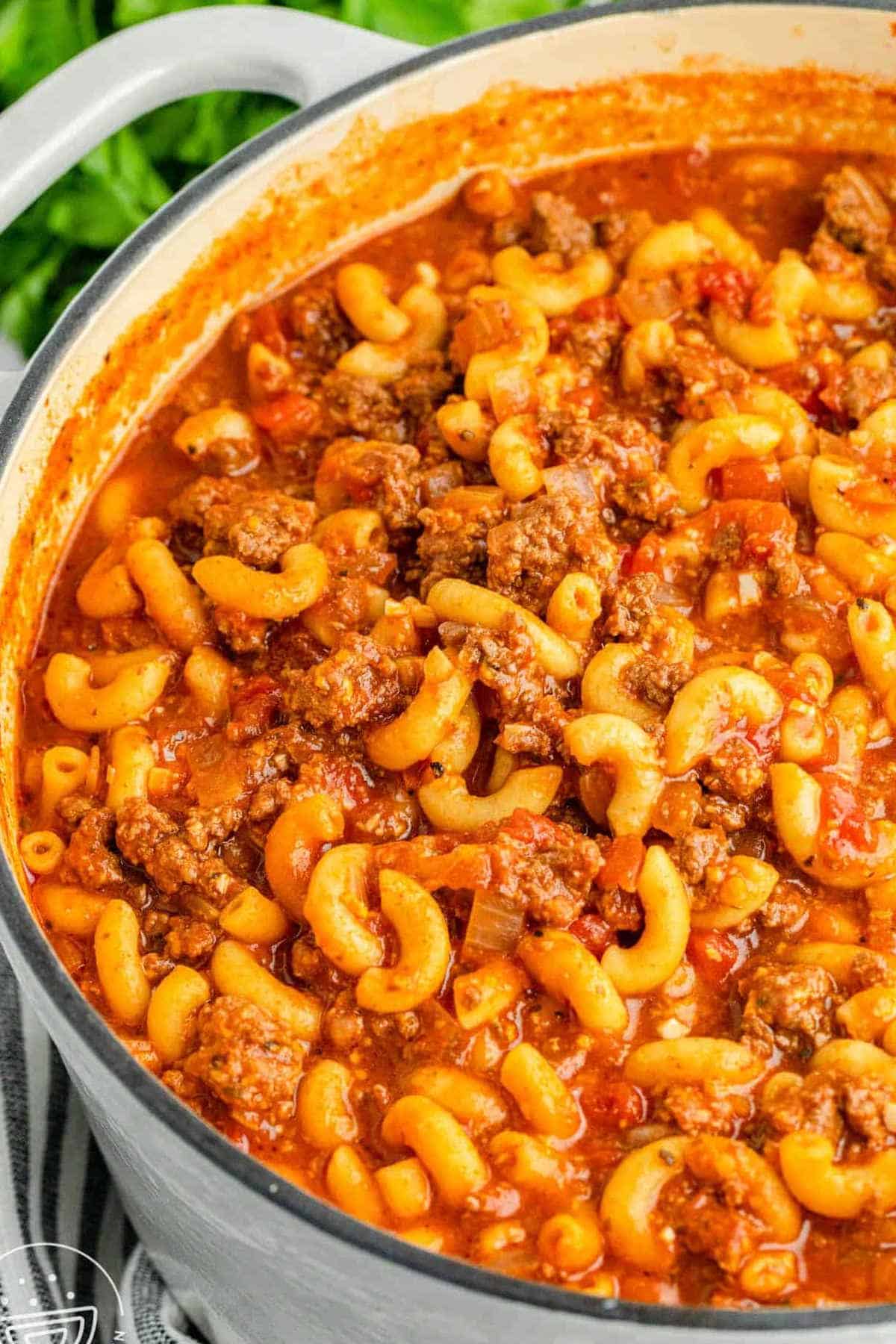 American chop suey in a saucepan.