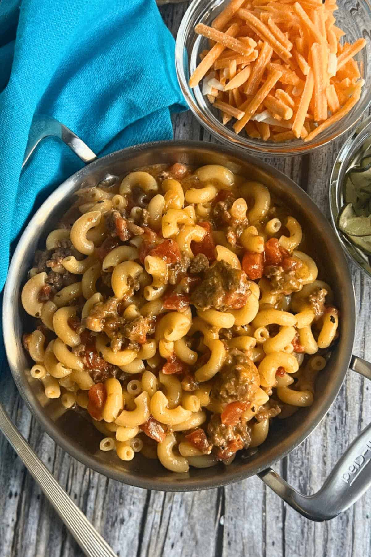 Mac and cheese in a saucepan.