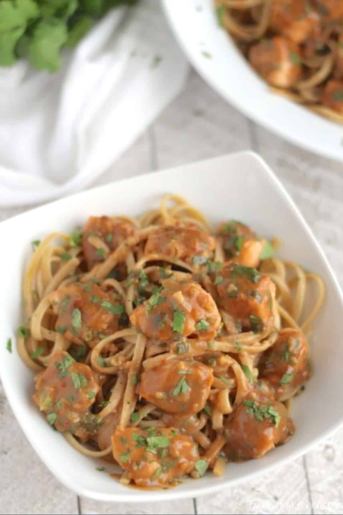 Close up image of salmon pasta.
