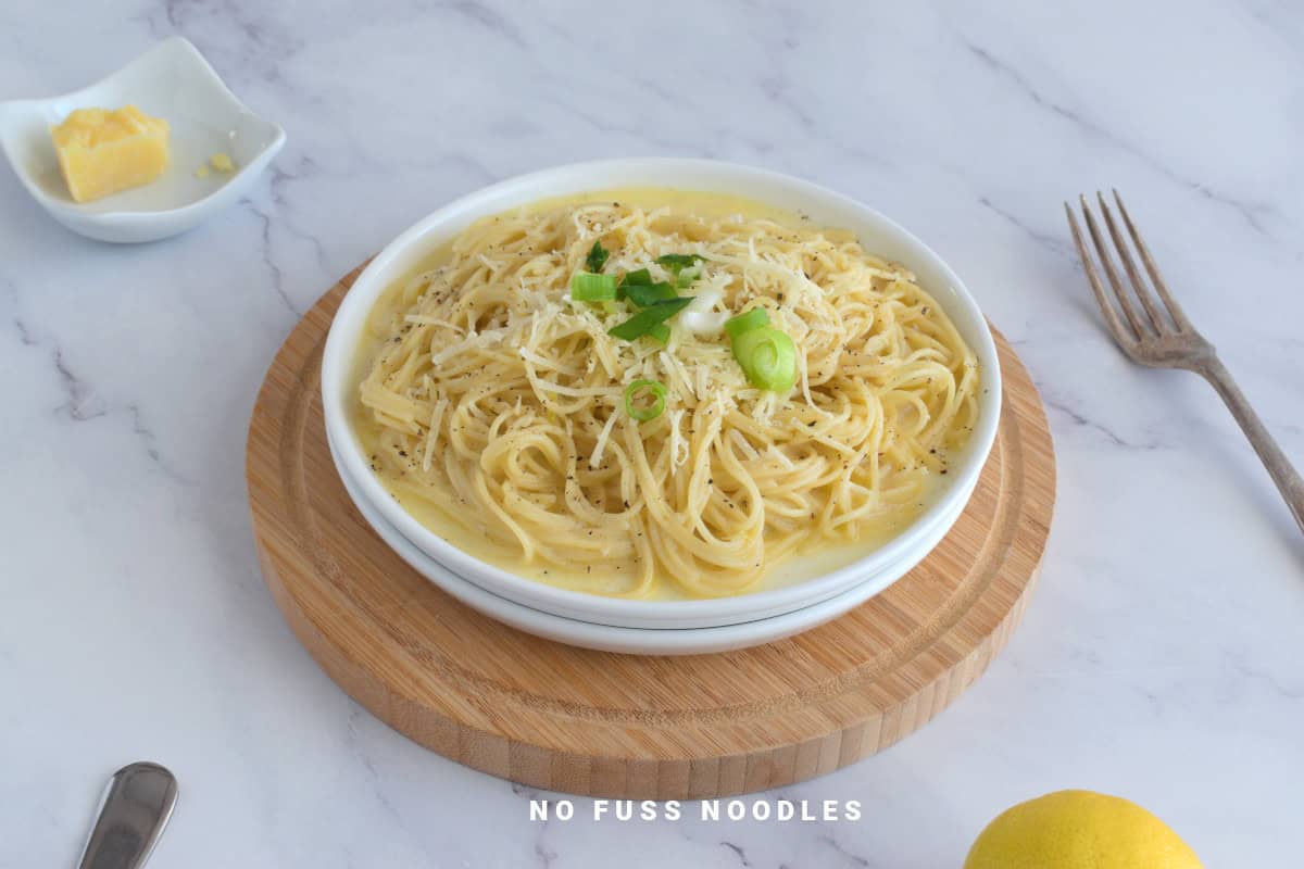 Pasta in a white plate.