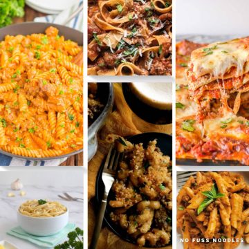 Collage of ground meat pasta recipes.