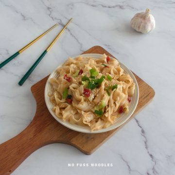 Close up image of garlic noodles.
