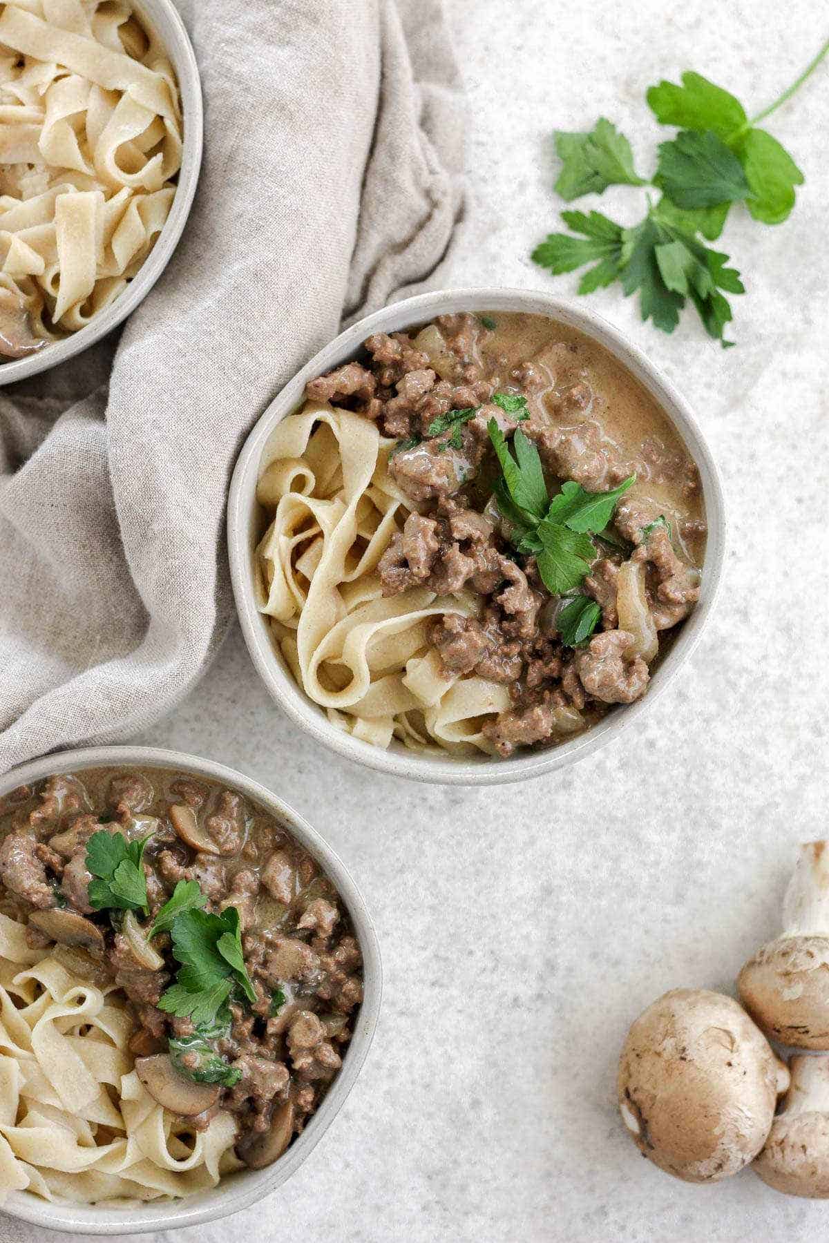 Beef stroganoff in a bowl.