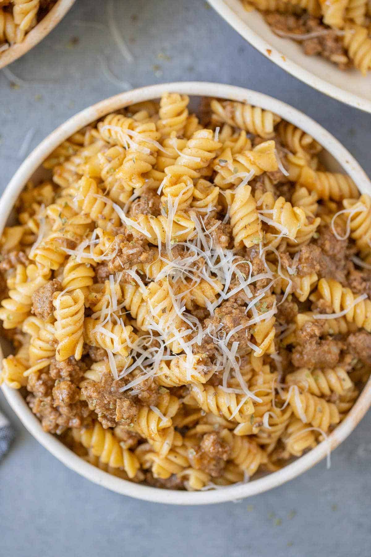 Ground beef and pasta in a bowl.