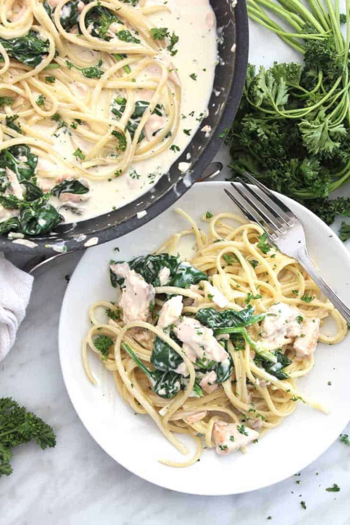 Lemon salmon pasta in a plate.