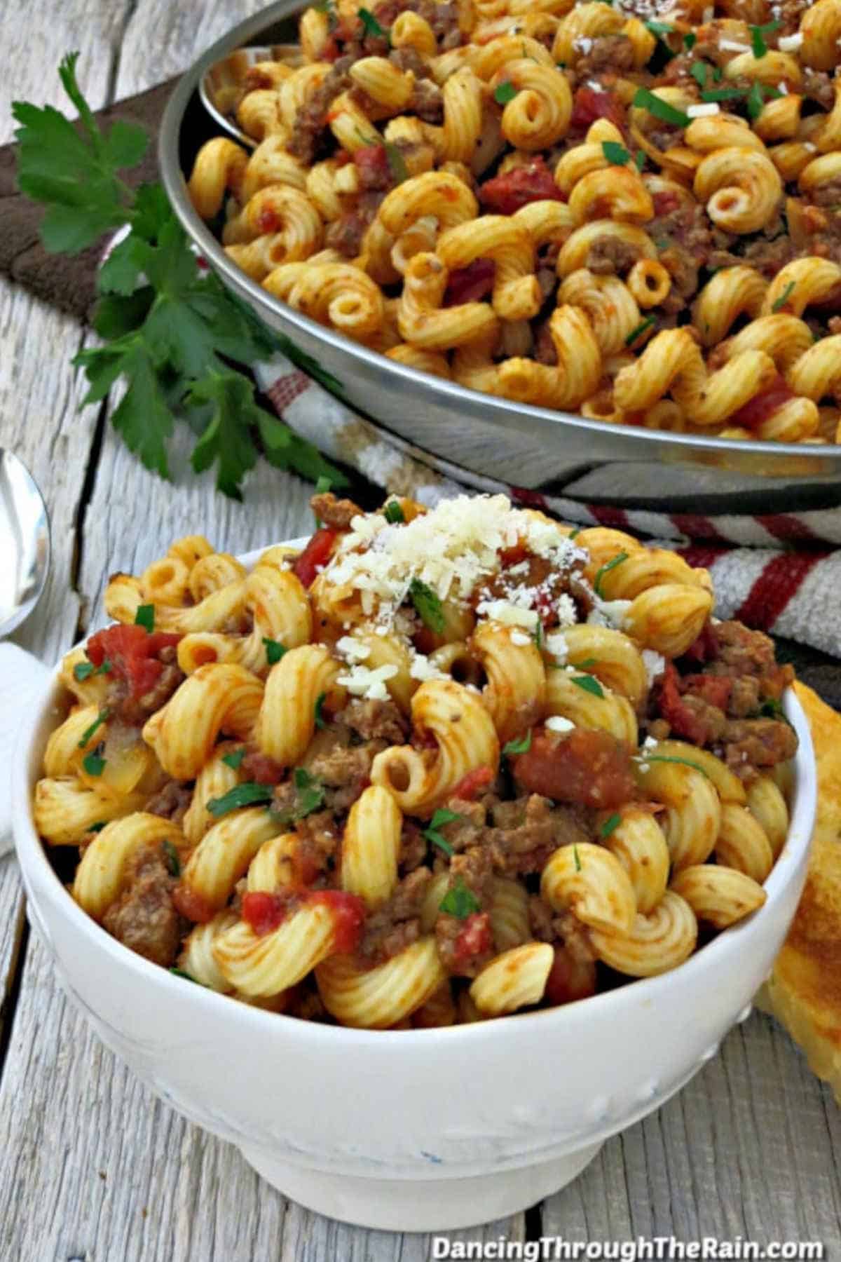 Goulash with pasta in a bowl.