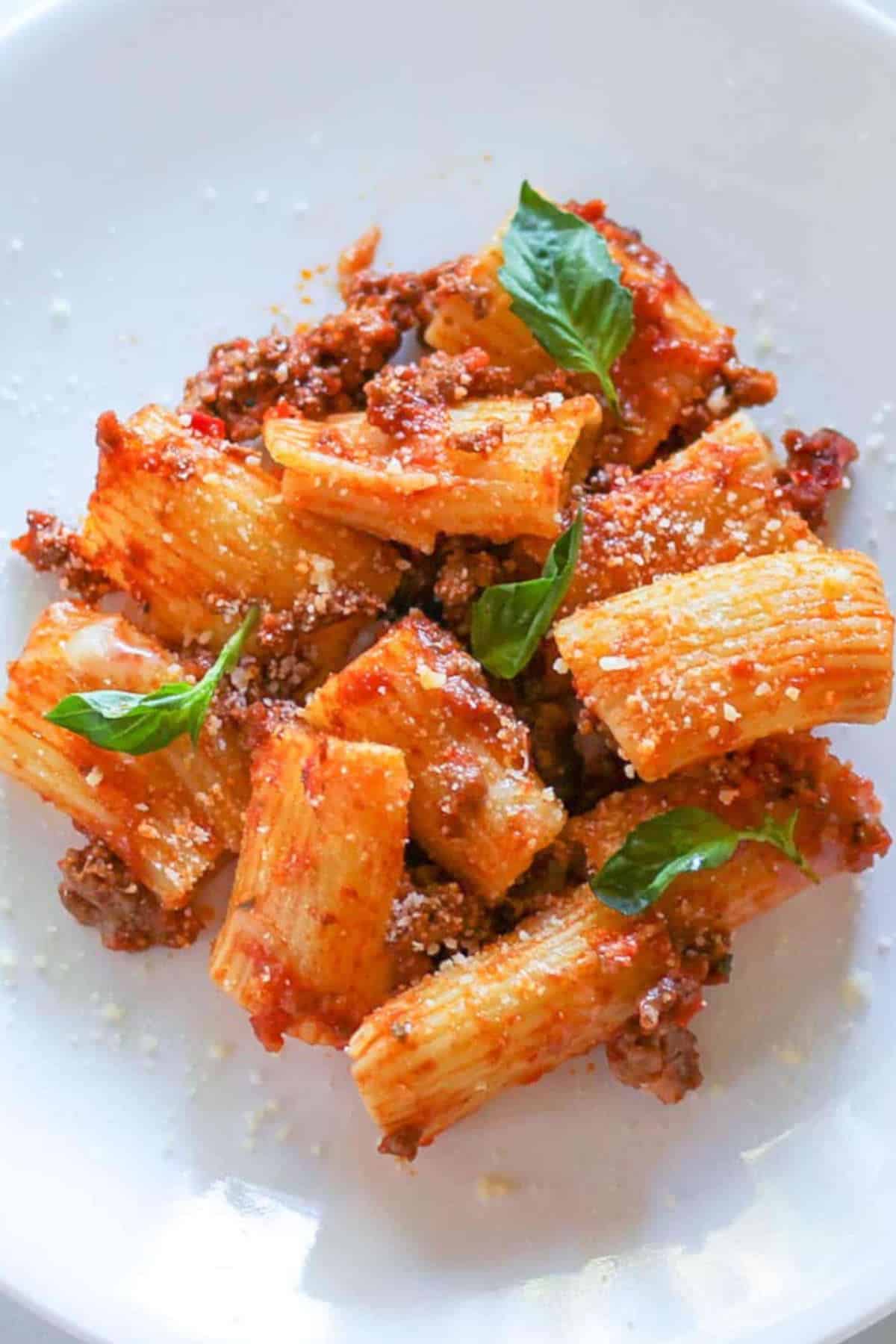 Close up image of rigatoni pasta.