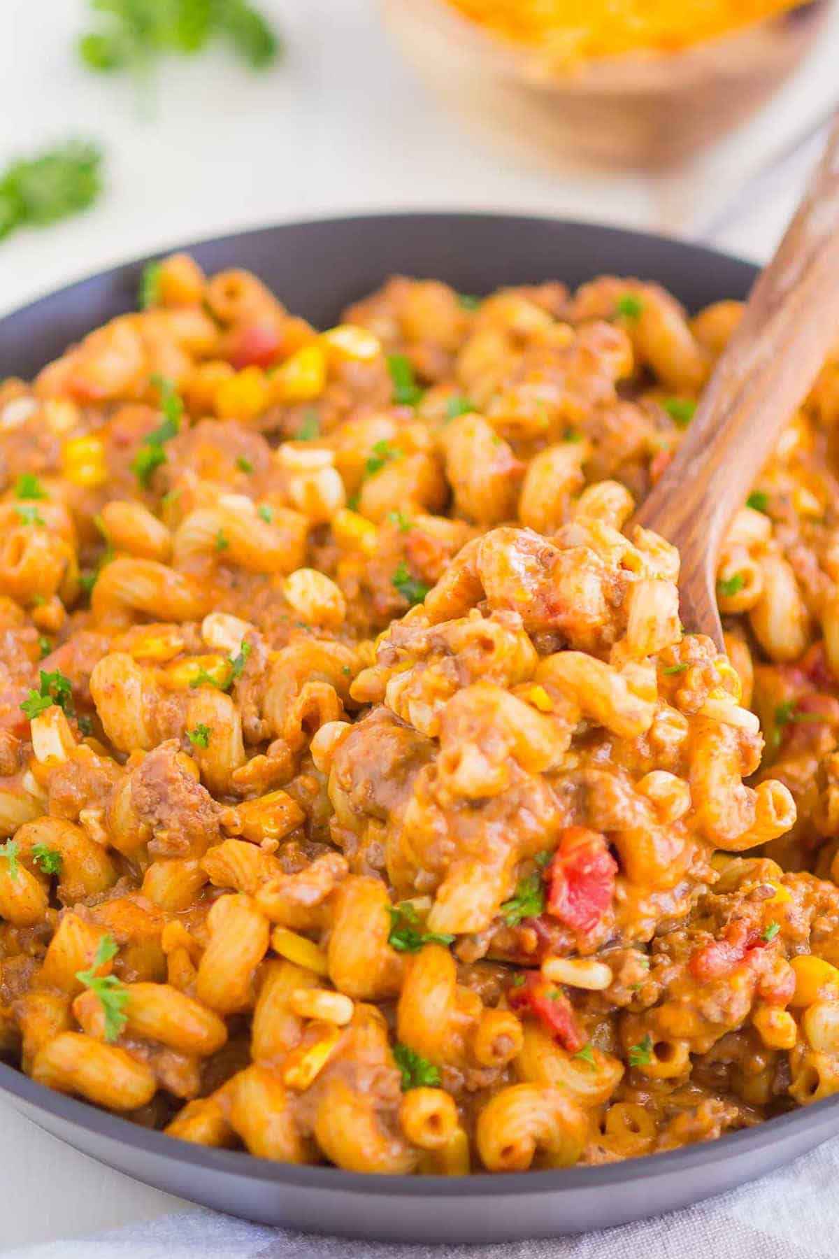 Close up image of taco pasta in a bowl.