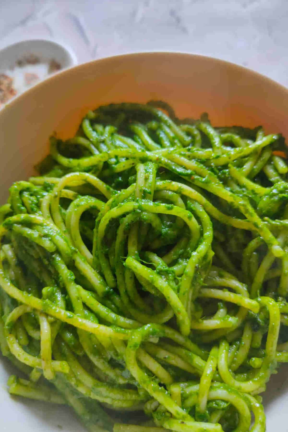 Close up image of spinach pasta.