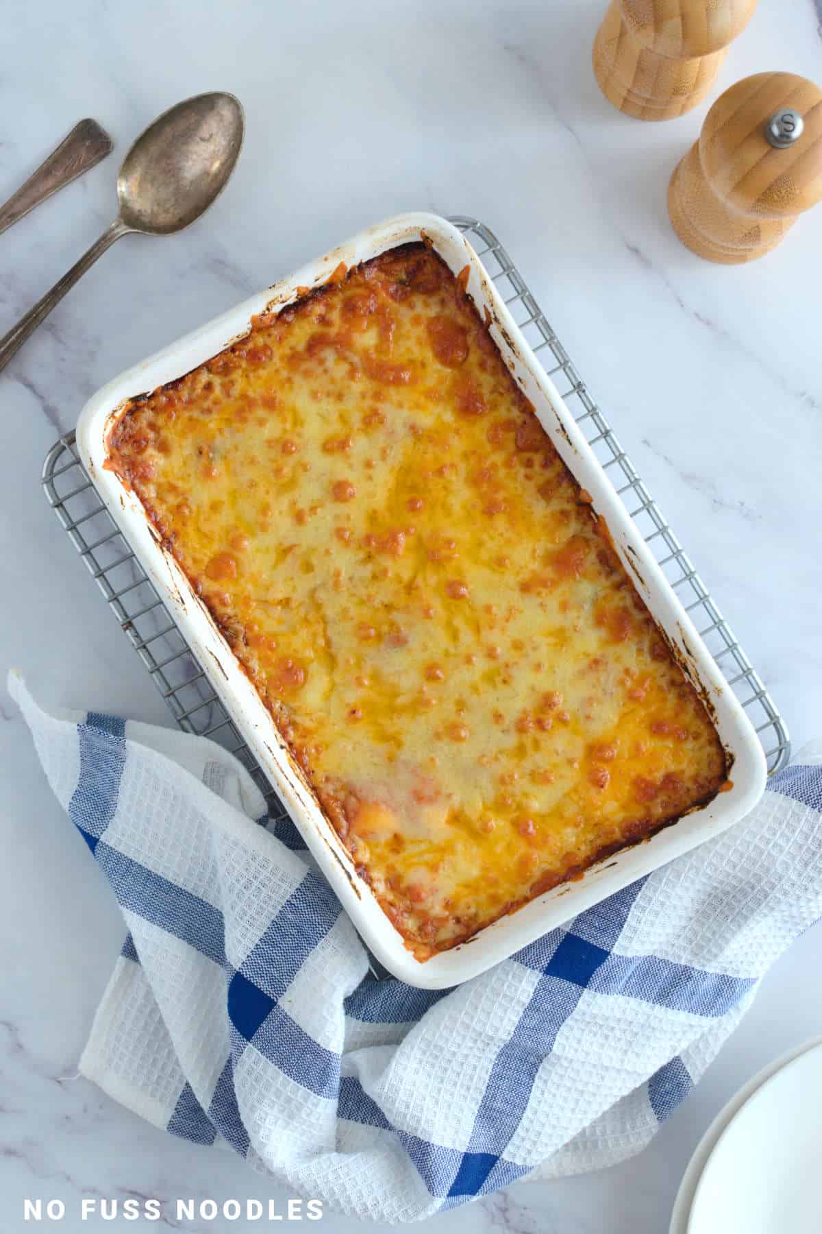 Baked gnocchi in a casserole dish.