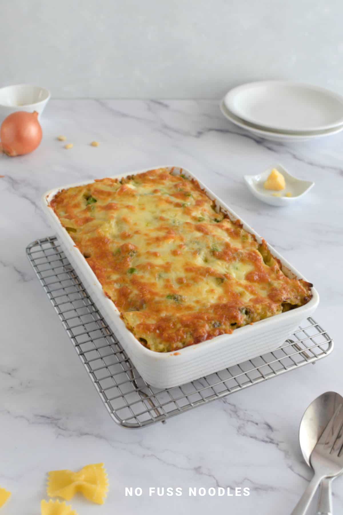 Ricotta pasta bake in a casserole dish.