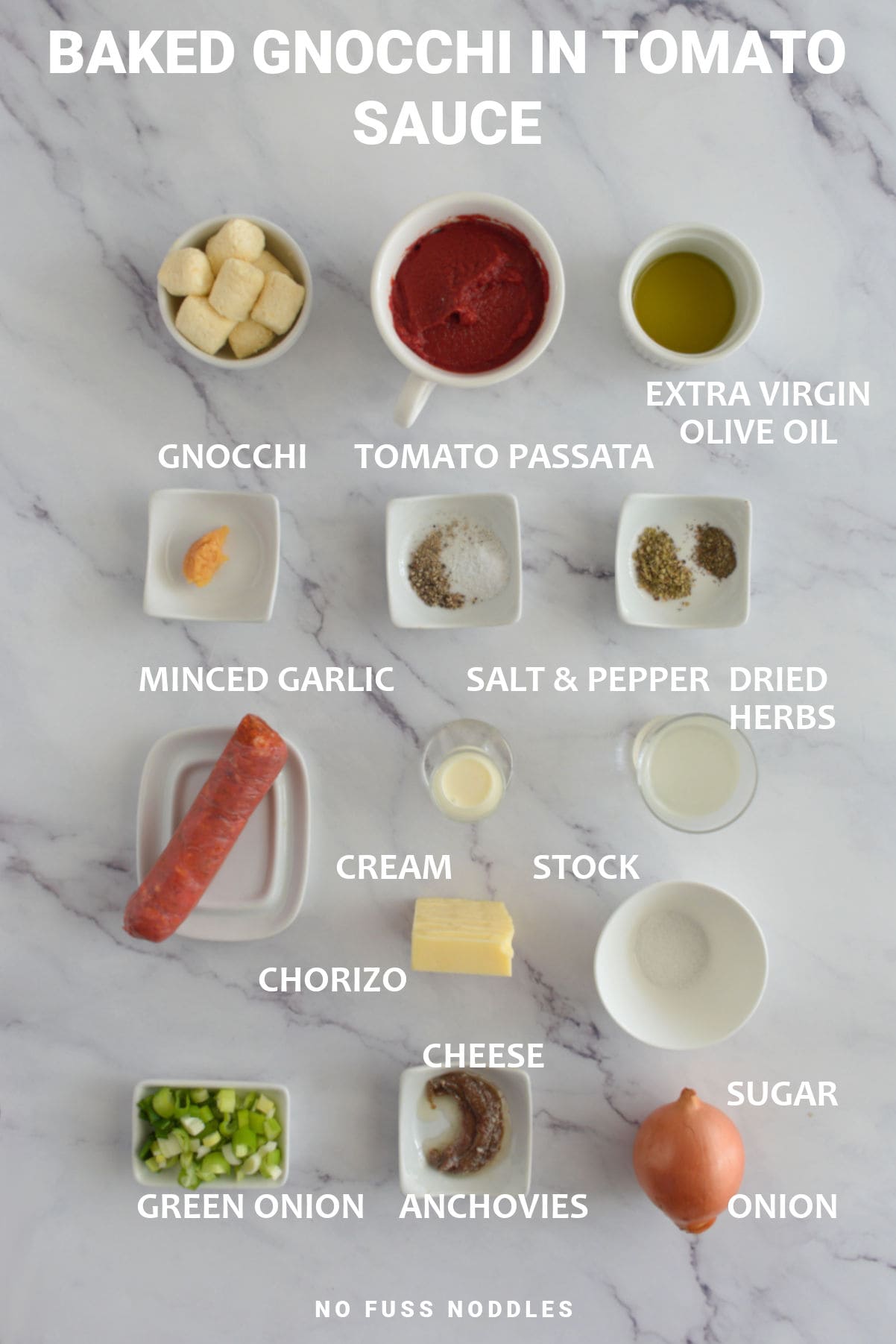 Ingredients for baked gnocchi in tomato sauce.