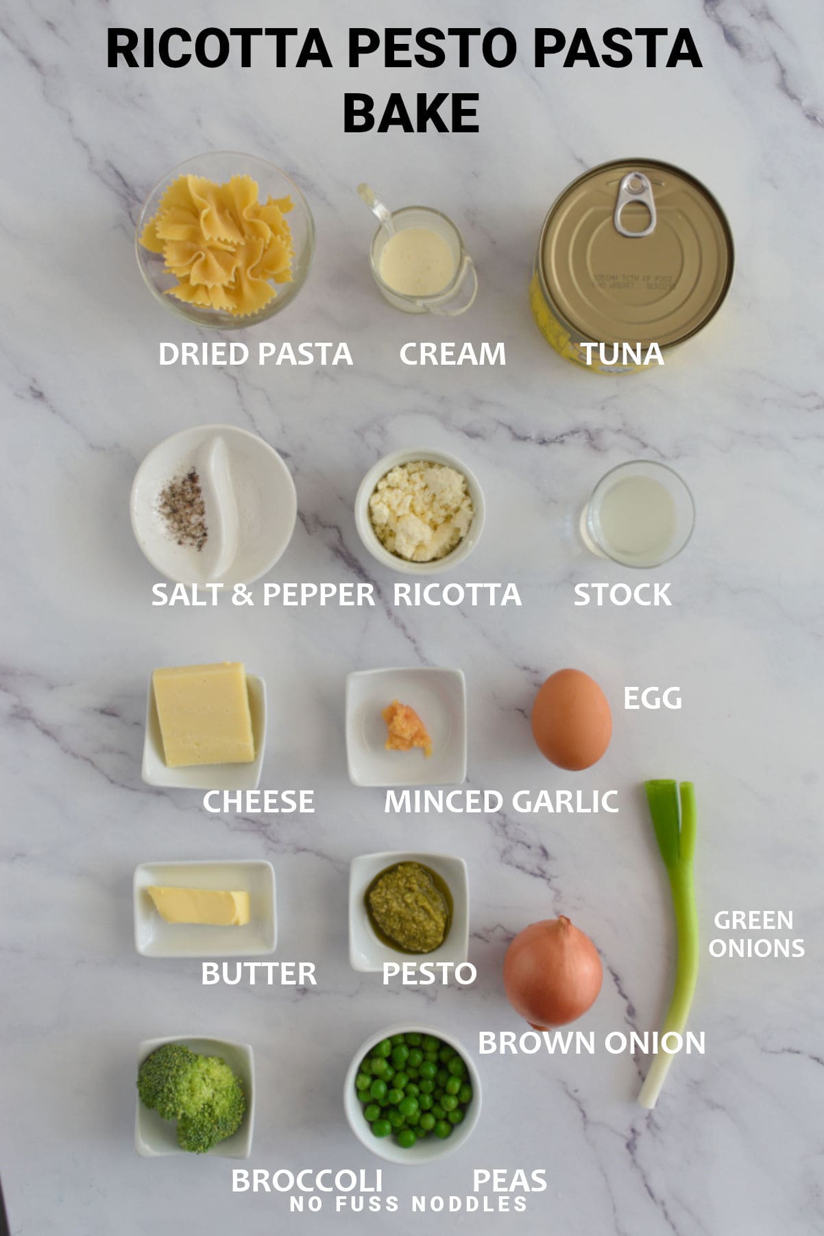 Ingredients for ricotta pesto pasta bake.
