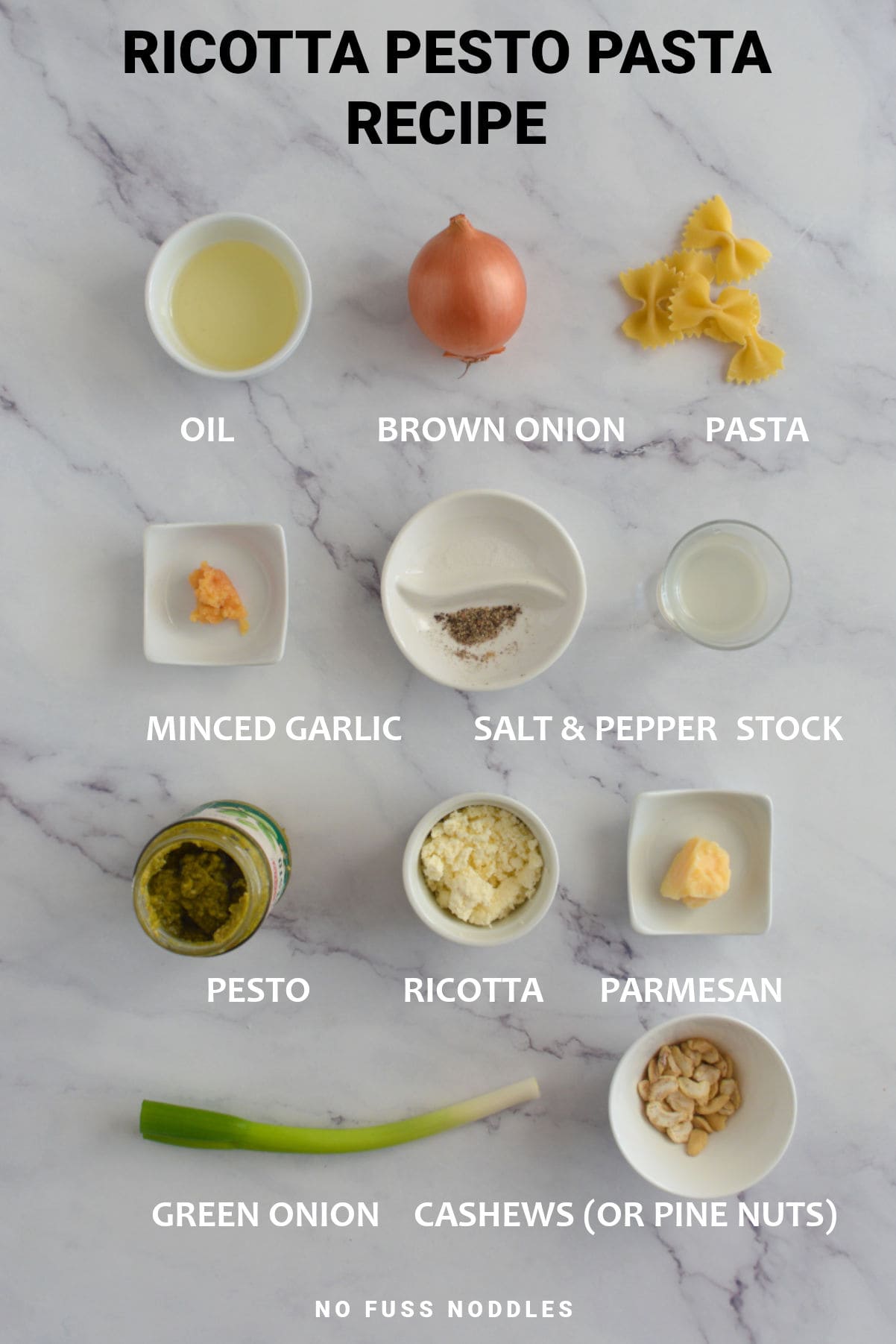 Ingredients for ricotta pesto pasta.